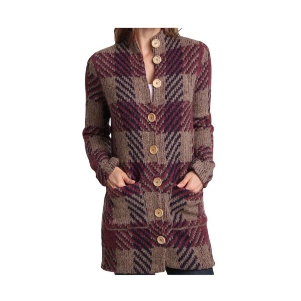 Free People Long Oversided Wool Plaid Cardigan Sweater XS Dark Academia Twee